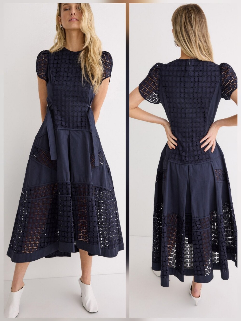3.1 Phillip Lim Broderie Anglaise Grid Tulip Dress Crew Neck Short Sleeve Size 0
